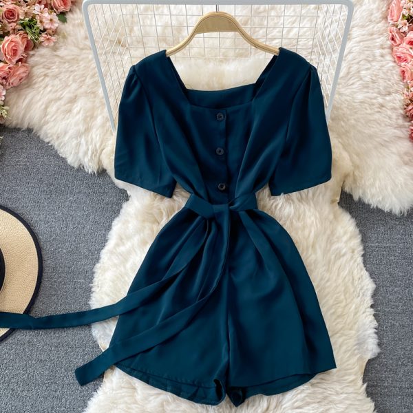 Korean style temperament square neck puff sleeve lace-up waist wide-leg jumpsuit women straight shorts small high waist - Image 3