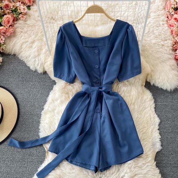 Korean style temperament square neck puff sleeve lace-up waist wide-leg jumpsuit women straight shorts small high waist - Image 4