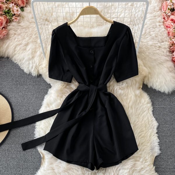Korean style temperament square neck puff sleeve lace-up waist wide-leg jumpsuit women straight shorts small high waist - Image 5