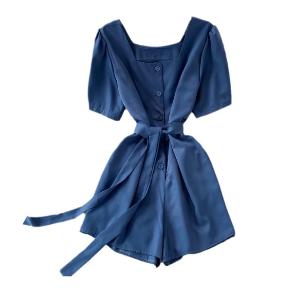 Korean style temperament square neck puff sleeve lace-up waist wide-leg jumpsuit women straight shorts small high waist - Image 6