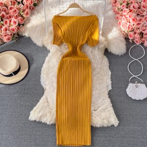 Summerfrench Retro off-Shoulder Shoulder-Baring Pleated Dress Elegant Graceful Waist-Tight Slimming Long Dress
