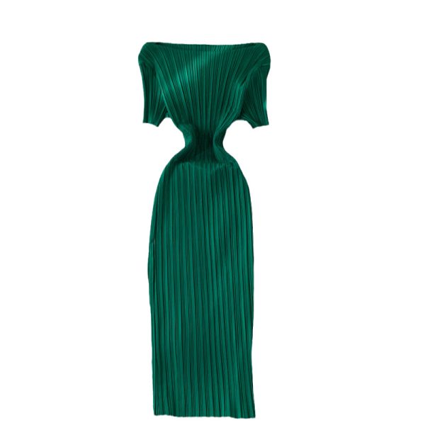 Summerfrench Retro off-Shoulder Shoulder-Baring Pleated Dress Elegant Graceful Waist-Tight Slimming Long Dress - Image 6