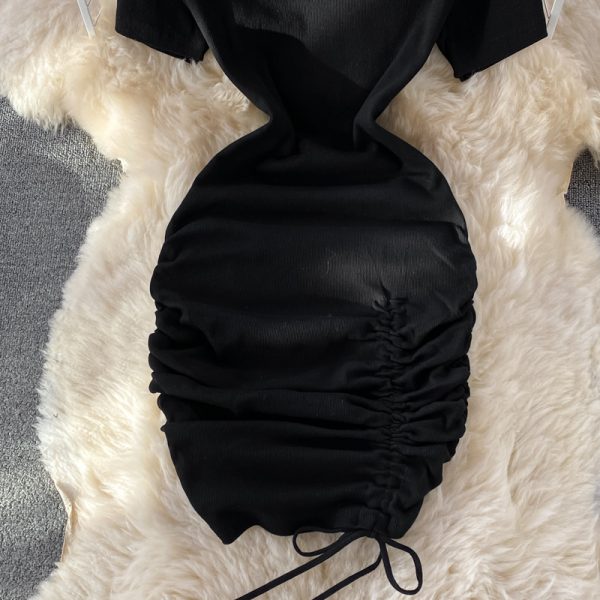 Small pleated short skirt with hips, feminine temperament, light mature style, puff sleeves, slim slimming round neck dress - Image 5