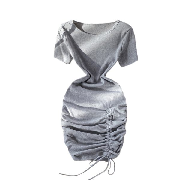 Small pleated short skirt with hips, feminine temperament, light mature style, puff sleeves, slim slimming round neck dress - Image 6