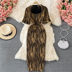Fashion Ladies’ Evening Dress Summer New Temperament Square Collar Bright Silk Slim Fit Slimming Slit Sheath Dress