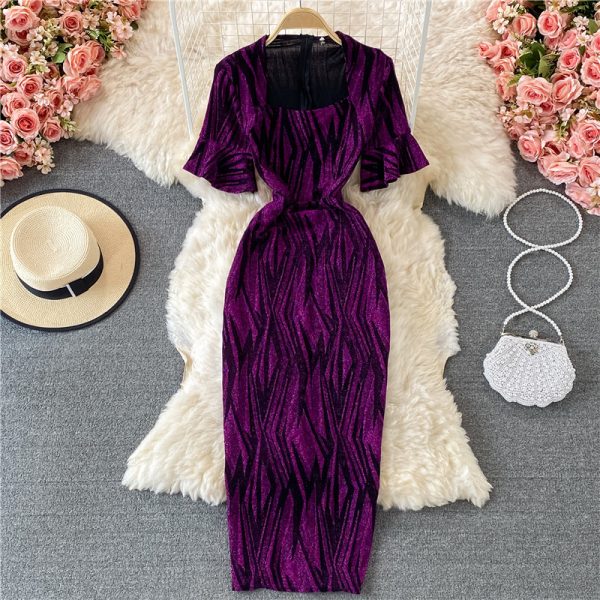 Fashion Ladies’ Evening Dress Summer New Temperament Square Collar Bright Silk Slim Fit Slimming Slit Sheath Dress - Image 3