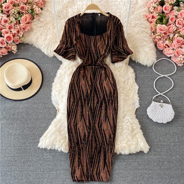 Fashion Ladies’ Evening Dress Summer New Temperament Square Collar Bright Silk Slim Fit Slimming Slit Sheath Dress - Image 4