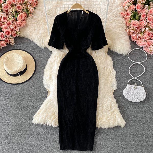 Fashion Ladies’ Evening Dress Summer New Temperament Square Collar Bright Silk Slim Fit Slimming Slit Sheath Dress - Image 5