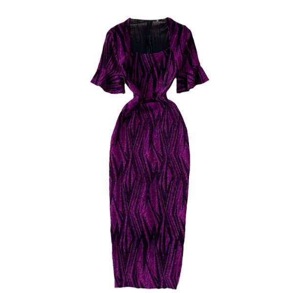 Fashion Ladies’ Evening Dress Summer New Temperament Square Collar Bright Silk Slim Fit Slimming Slit Sheath Dress - Image 6