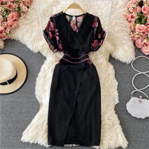V-neck Temperament Printed Chiffon Dress for Women Summer New Waist Slimming Women’s Split Skirt