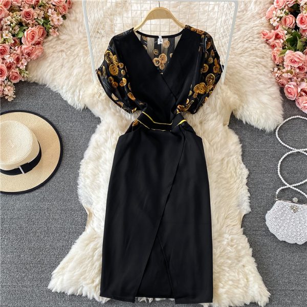 V-neck Temperament Printed Chiffon Dress for Women Summer New Waist Slimming Women’s Split Skirt - Image 3