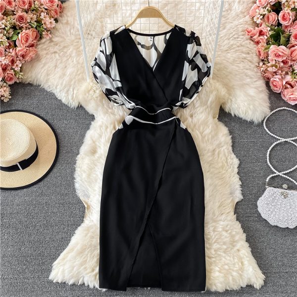 V-neck Temperament Printed Chiffon Dress for Women Summer New Waist Slimming Women’s Split Skirt - Image 4