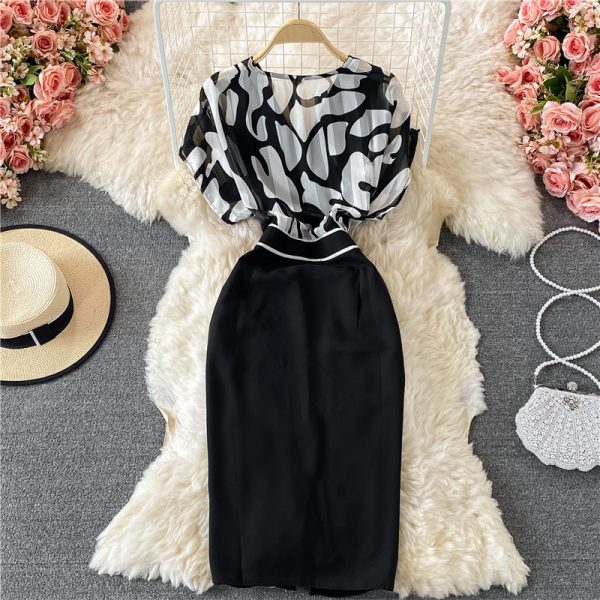 V-neck Temperament Printed Chiffon Dress for Women Summer New Waist Slimming Women’s Split Skirt - Image 5