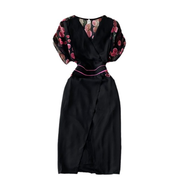 V-neck Temperament Printed Chiffon Dress for Women Summer New Waist Slimming Women’s Split Skirt - Image 6