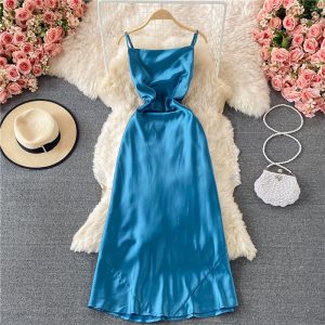 Summer New Ladies Elegant Backless Sexy Strap Dress Slimming Acetate Satin Dress for Women