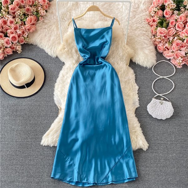 Summer New Ladies Elegant Backless Sexy Strap Dress Slimming Acetate Satin Dress for Women