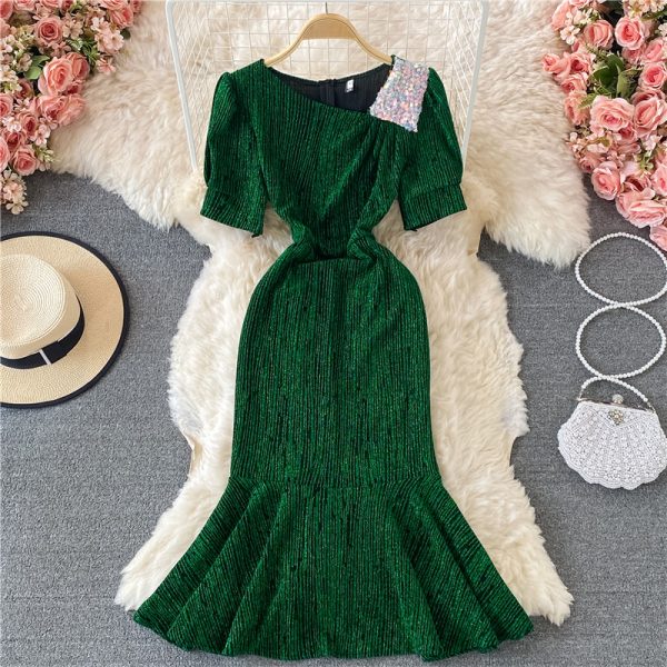 Elegant Bright Silk Shiny Slim Fishtail Sheath Dress Summer New Women’s Slim Fit Slimming Diagonal Collar Dress - Image 2