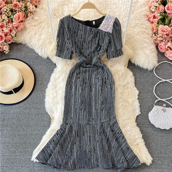 Elegant Bright Silk Shiny Slim Fishtail Sheath Dress Summer New Women’s Slim Fit Slimming Diagonal Collar Dress - Image 3