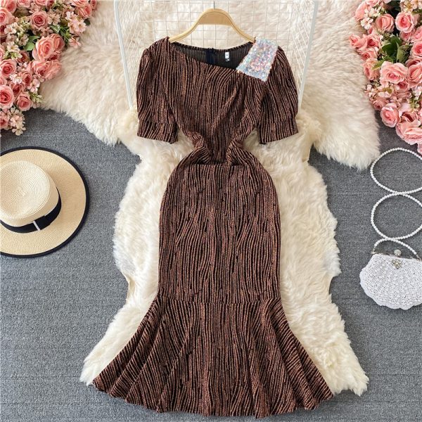 Elegant Bright Silk Shiny Slim Fishtail Sheath Dress Summer New Women’s Slim Fit Slimming Diagonal Collar Dress - Image 5