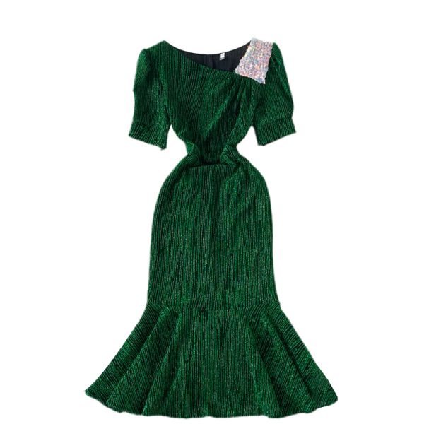 Elegant Bright Silk Shiny Slim Fishtail Sheath Dress Summer New Women’s Slim Fit Slimming Diagonal Collar Dress - Image 6