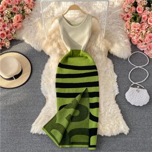 summer New Striped round Neck Waist Trimming Slimming Sweet Elegance Knitted Sheath Split Dress Sleeveless