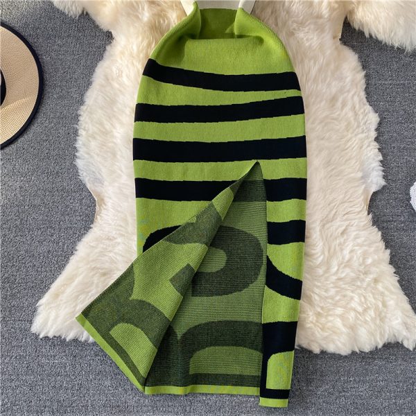 summer New Striped round Neck Waist Trimming Slimming Sweet Elegance Knitted Sheath Split Dress Sleeveless - Image 5