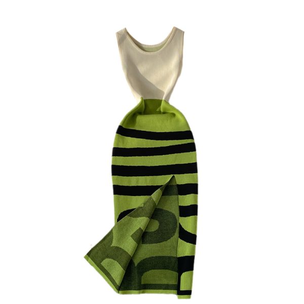 summer New Striped round Neck Waist Trimming Slimming Sweet Elegance Knitted Sheath Split Dress Sleeveless - Image 6