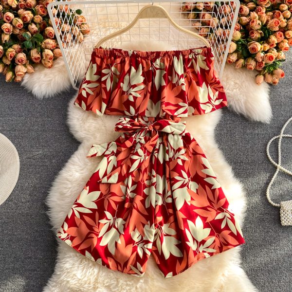 Off-Neck Bohemian Printed Ruffled Bandeau One-Shoulder Loose Casual Vacation Jumpsuit Wide Leg Shorts for Women - Image 3