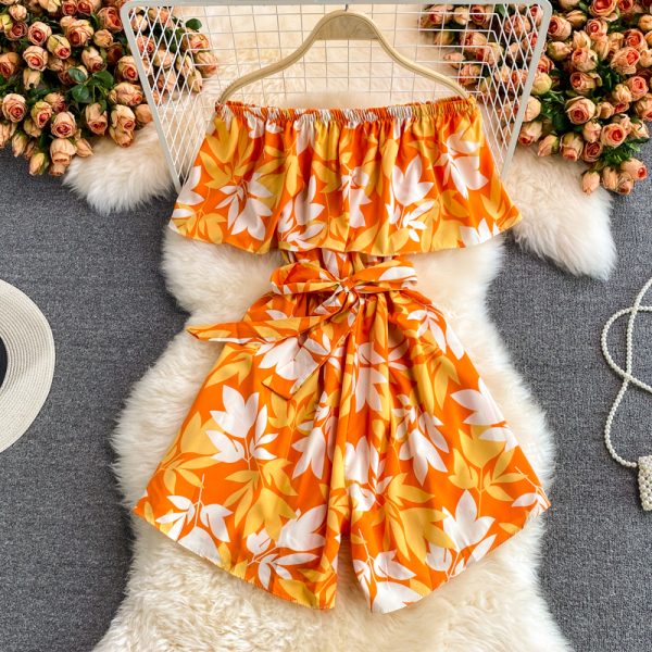 Off-Neck Bohemian Printed Ruffled Bandeau One-Shoulder Loose Casual Vacation Jumpsuit Wide Leg Shorts for Women - Image 4