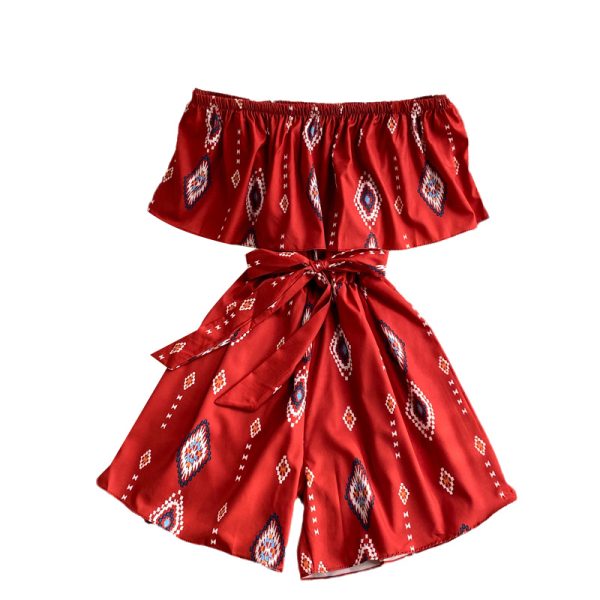 Off-Neck Bohemian Printed Ruffled Bandeau One-Shoulder Loose Casual Vacation Jumpsuit Wide Leg Shorts for Women - Image 6
