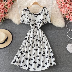French Style Puff Sleeve Waist Dress Summer New Gentle Retro Square Collar Temperament Fairy Skirt Short Sleeve