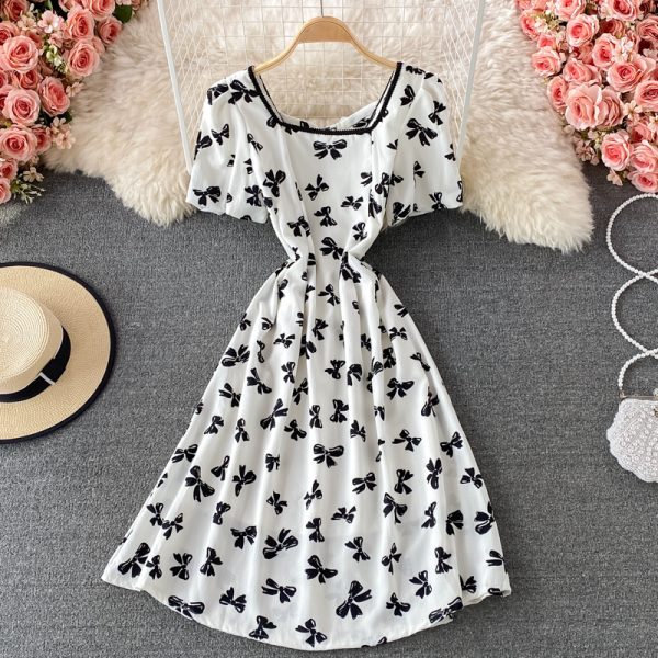 French Style Puff Sleeve Waist Dress Summer New Gentle Retro Square Collar Temperament Fairy Skirt Short Sleeve - Image 2