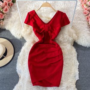 Slim-Fit Short-Sleeved V-neck Sexy Dress Short-Sleeved Summer New Small Ruffle Hip Short Skirt