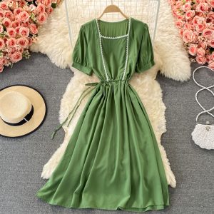 Fresh Sweet Puff Sleeve Square Collar Dress Summer Fairy Super Mori First Love Skirt Large Swing Short Sleeve Dress