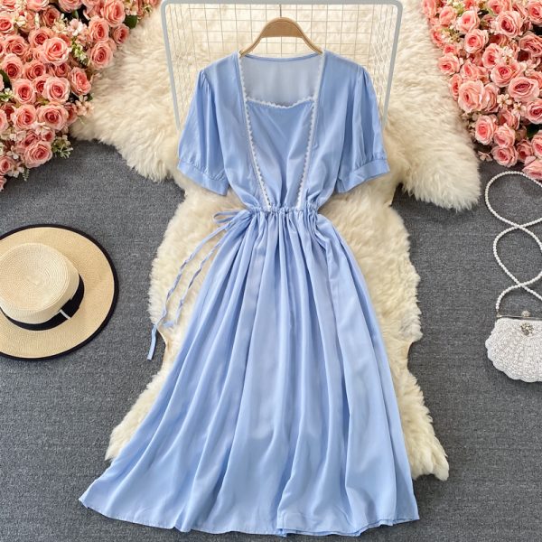 Fresh Sweet Puff Sleeve Square Collar Dress Summer Fairy Super Mori First Love Skirt Large Swing Short Sleeve Dress - Image 3