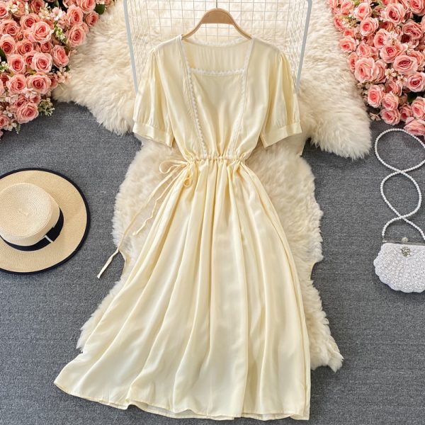 Fresh Sweet Puff Sleeve Square Collar Dress Summer Fairy Super Mori First Love Skirt Large Swing Short Sleeve Dress - Image 4