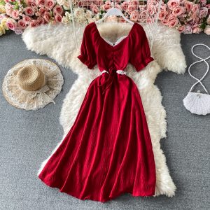 French Style V-neck Dress Short Sleeve New Sweet Ruffled Puff Sleeve Elastic Waist Thin over the Knee Mid-Length Skirt