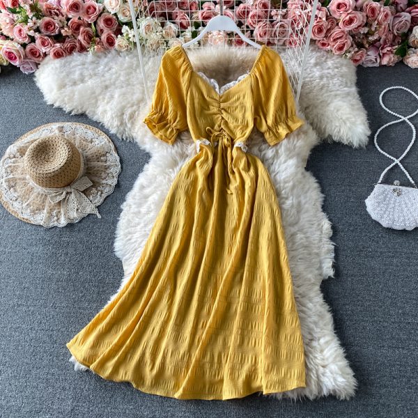 French Style V-neck Dress Short Sleeve New Sweet Ruffled Puff Sleeve Elastic Waist Thin over the Knee Mid-Length Skirt - Image 3
