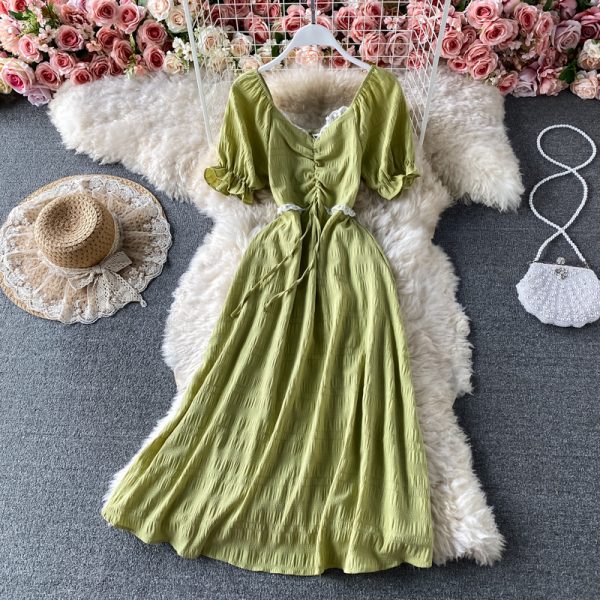 French Style V-neck Dress Short Sleeve New Sweet Ruffled Puff Sleeve Elastic Waist Thin over the Knee Mid-Length Skirt - Image 4