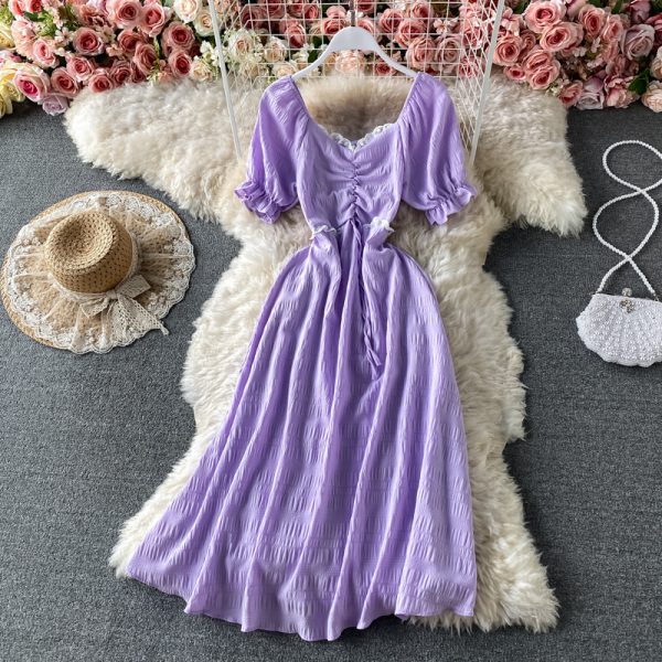 French Style V-neck Dress Short Sleeve New Sweet Ruffled Puff Sleeve Elastic Waist Thin over the Knee Mid-Length Skirt - Image 5