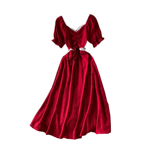 French Style V-neck Dress Short Sleeve New Sweet Ruffled Puff Sleeve Elastic Waist Thin over the Knee Mid-Length Skirt - Image 6