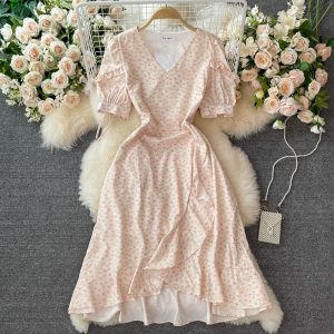 Summer New Sweet Elegant Floral Dress for Women Gentle Super Fairy Ruffled V-neck Mid-Length Skirt