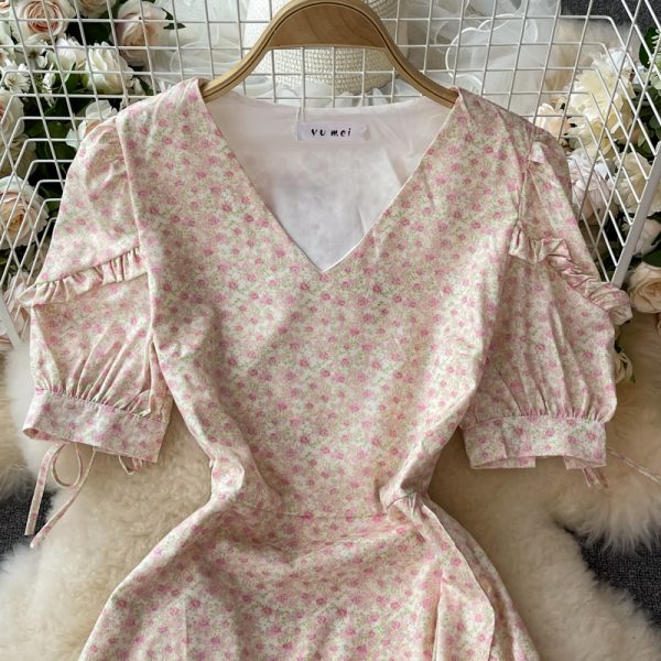 Summer New Sweet Elegant Floral Dress for Women Gentle Super Fairy Ruffled V-neck Mid-Length Skirt - Image 3