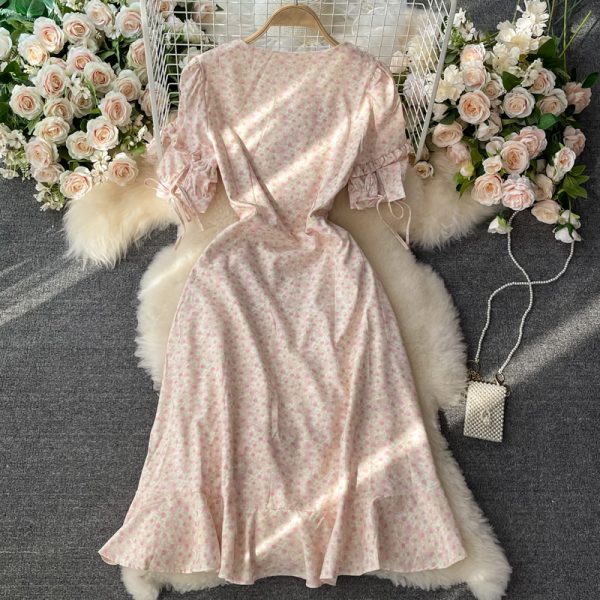 Summer New Sweet Elegant Floral Dress for Women Gentle Super Fairy Ruffled V-neck Mid-Length Skirt - Image 5