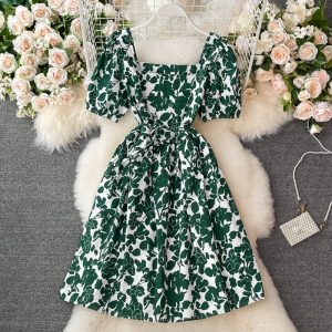 Korean Summer New Small Square Collar Floral Elegant Retro Loose Slimming Puff Sleeve Dress for Women