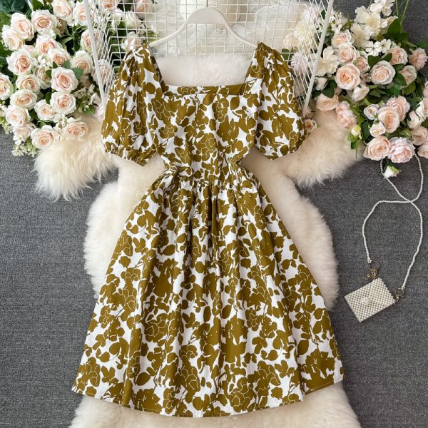 Korean Summer New Small Square Collar Floral Elegant Retro Loose Slimming Puff Sleeve Dress for Women - Image 3