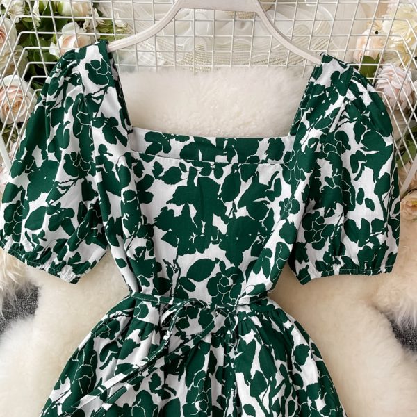 Korean Summer New Small Square Collar Floral Elegant Retro Loose Slimming Puff Sleeve Dress for Women - Image 4