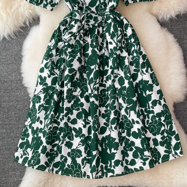 Korean Summer New Small Square Collar Floral Elegant Retro Loose Slimming Puff Sleeve Dress for Women - Image 5