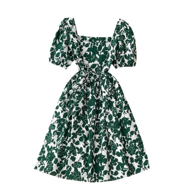 Korean Summer New Small Square Collar Floral Elegant Retro Loose Slimming Puff Sleeve Dress for Women - Image 6