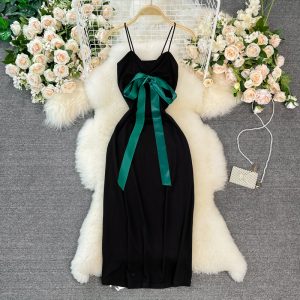 French Style Vintage Bow Suspender Dress for Women Summer New Elegant Graceful Slim Fit Slimming Sheath Dress